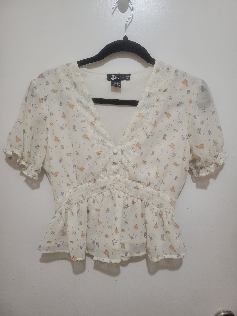 Miss Chievous Cream Sheer Floral Peplum V-Neck Blouse
